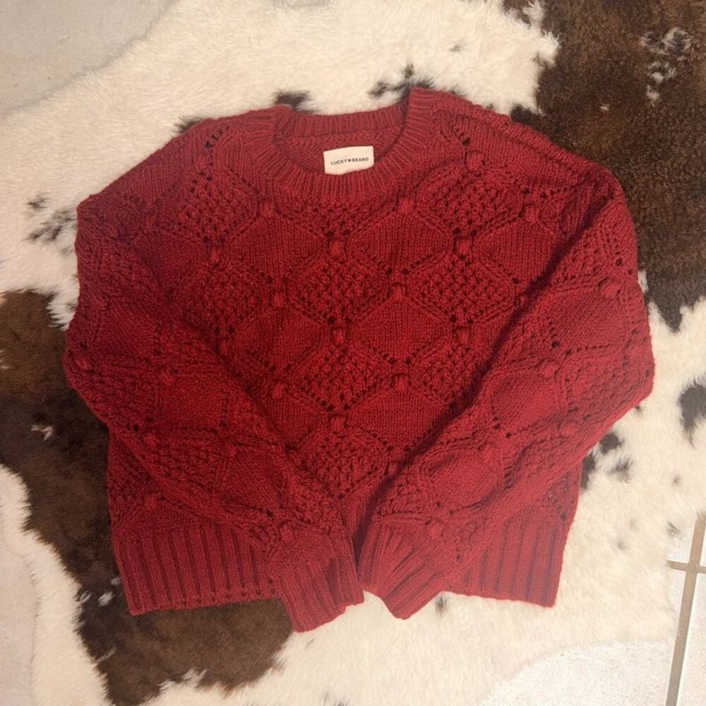 Lucky Brand Burgundy Cable Knit Pom Pom Pointelle Pullover Sweater S